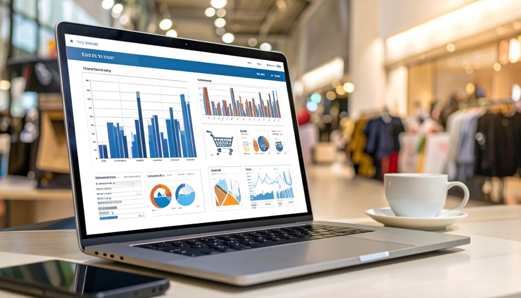 Firefly_Clean-modern-analytics-dashboard-on-laptop-screen-showing-shopping-data,-graphs-and-m-564692