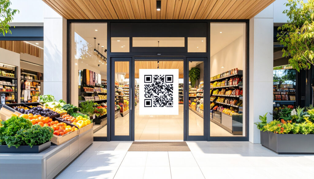 Firefly_Modern-grocery-store-entrance-with-prominent-QR-code-signage,-'Start-Smart-Shopping'-564692