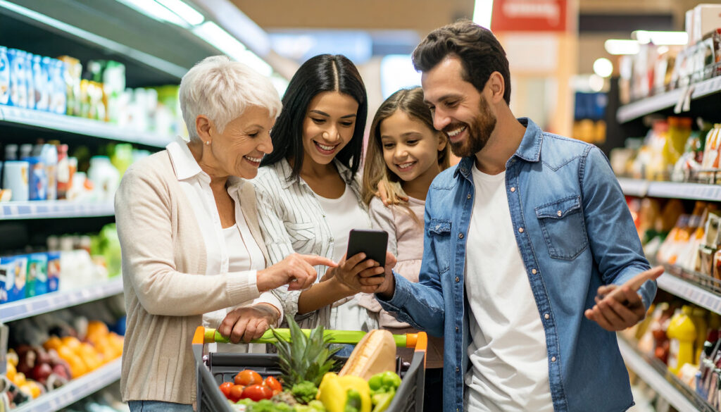 Firefly_Multi-generational-family-shopping-together-using-smartphone-guidance,-happy-collabor-526260